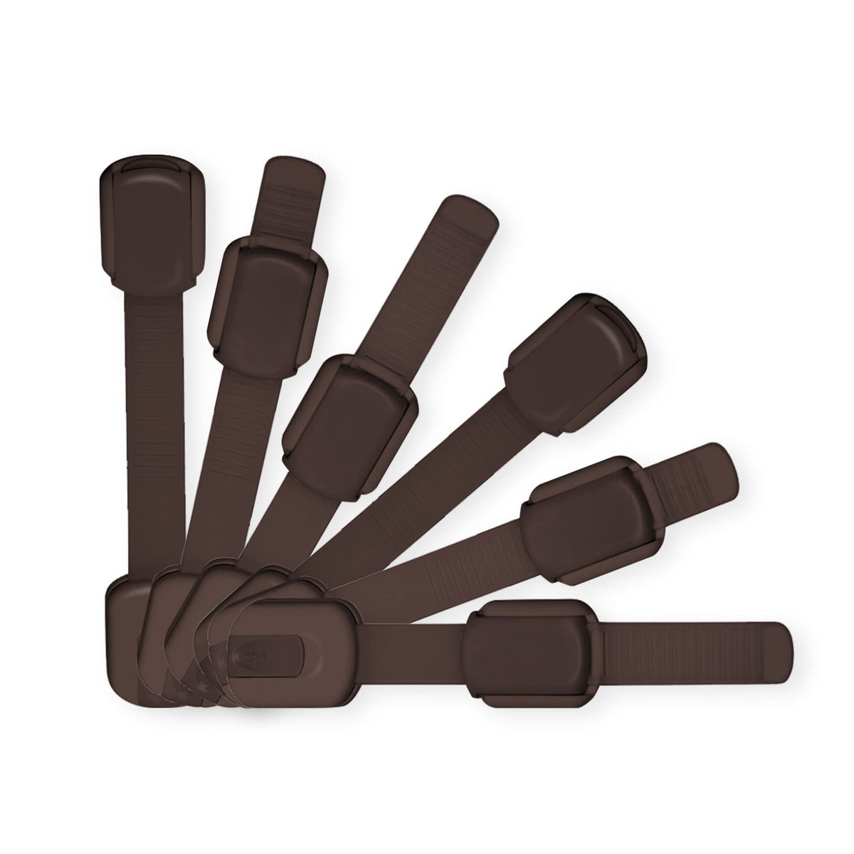 Wonderkid adjustable cabinet lock on brown cabinet, designed for easy one-handed use.