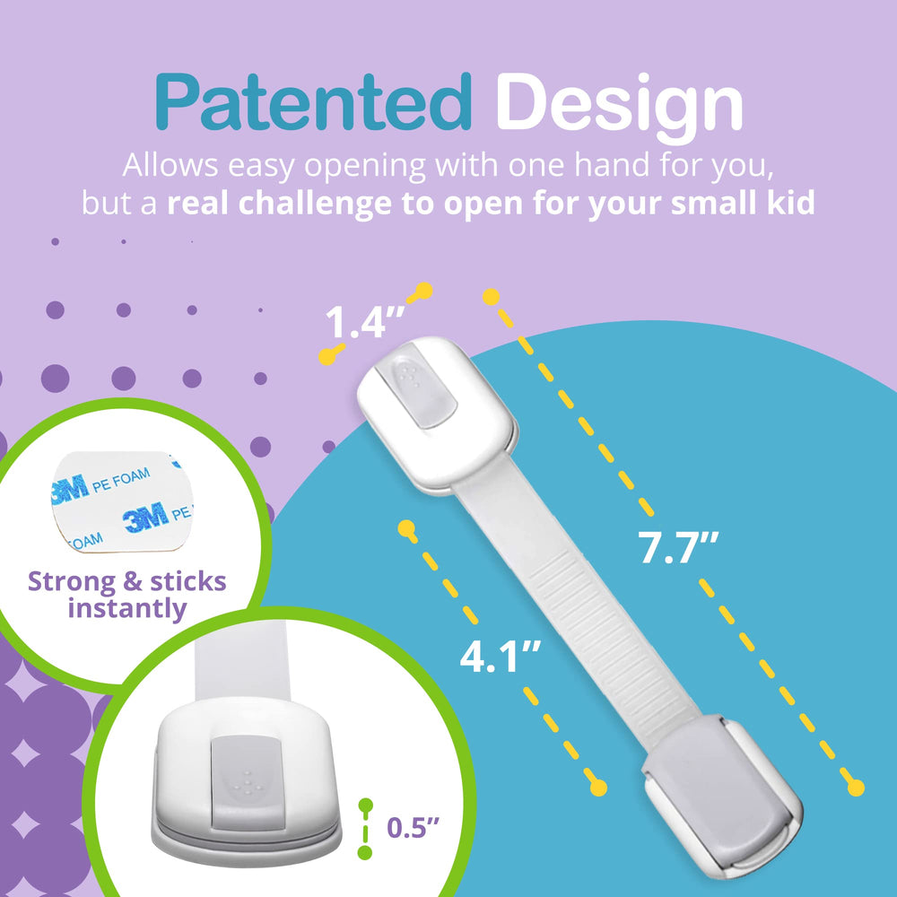 Wonderkid flexible strap drawer lock adapts to curved and flat surfaces.