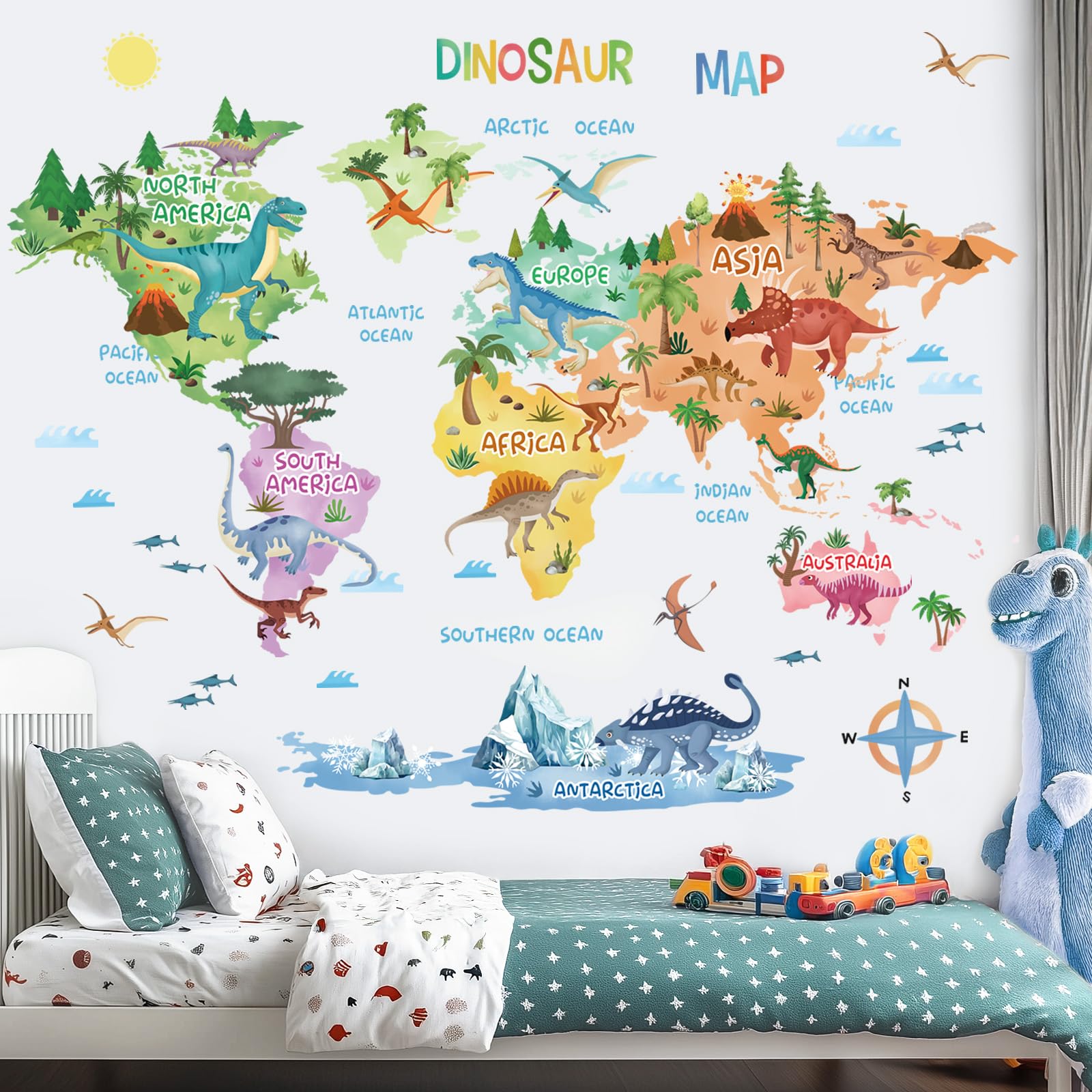 Wondever Dinosaur World Map wall art enhances a kid's room with dinosaurs.
