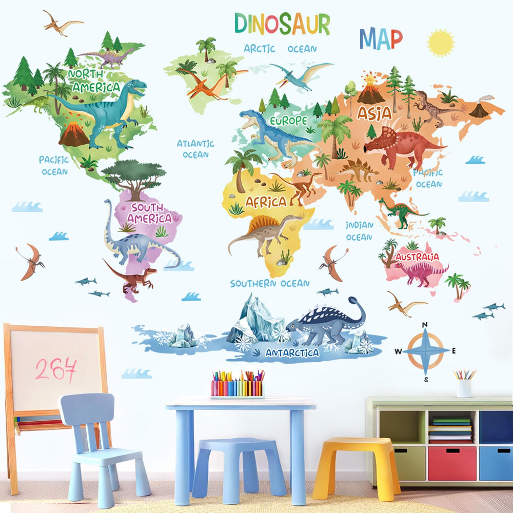 Wondever Dinosaur World Map stickers on the wall add playful room decor.