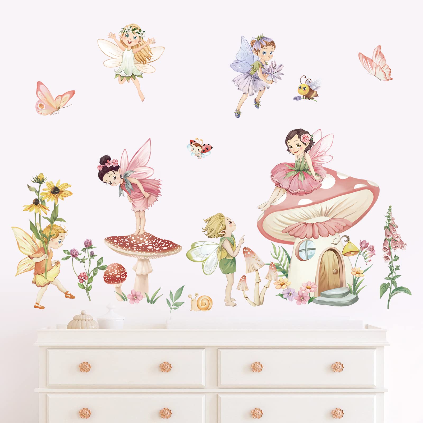 wondever Flower Butterfly Elf wall art detail adds color and imagination to a nursery.