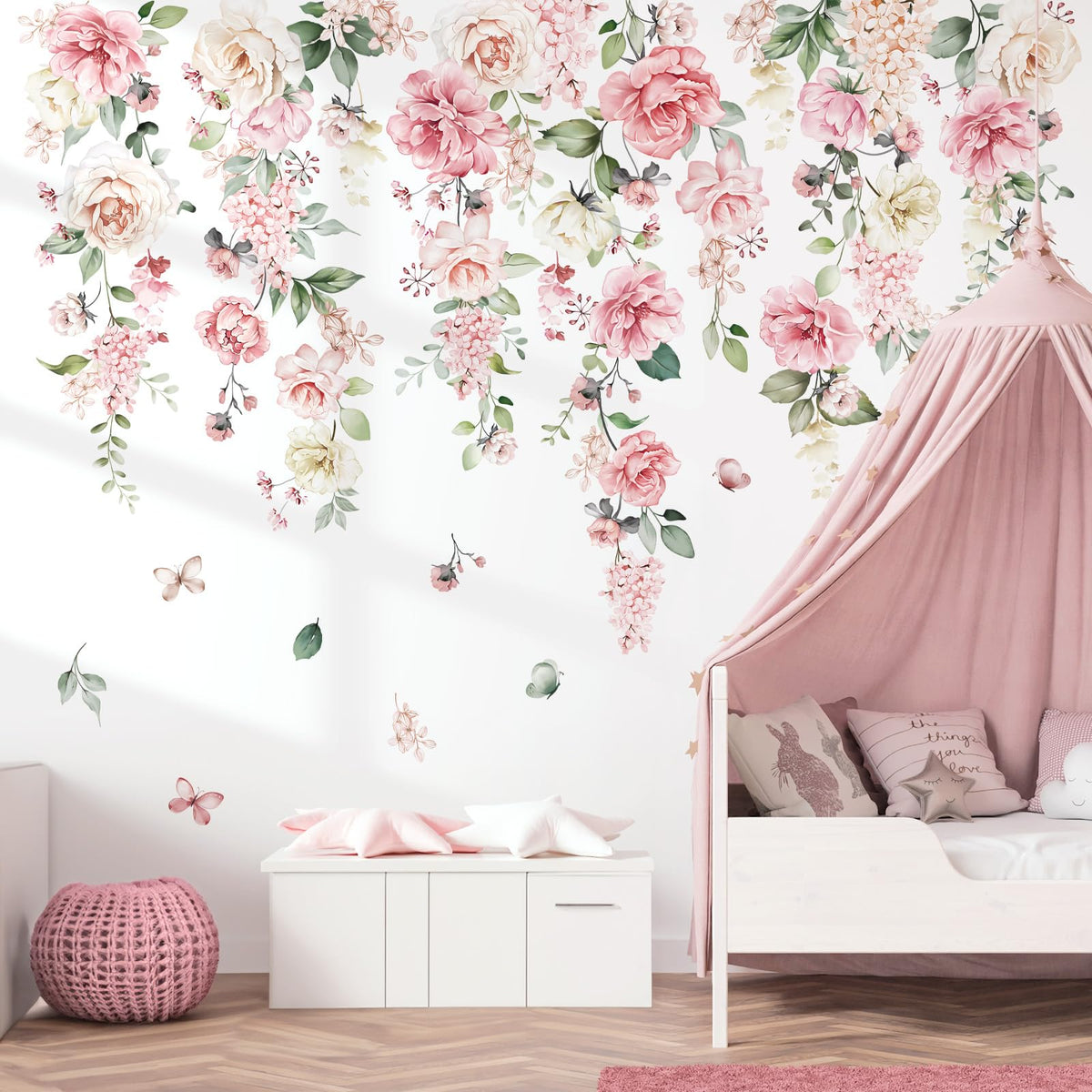 Wondever large pink flowers wall stickers brighten nursery walls with vivid petals.