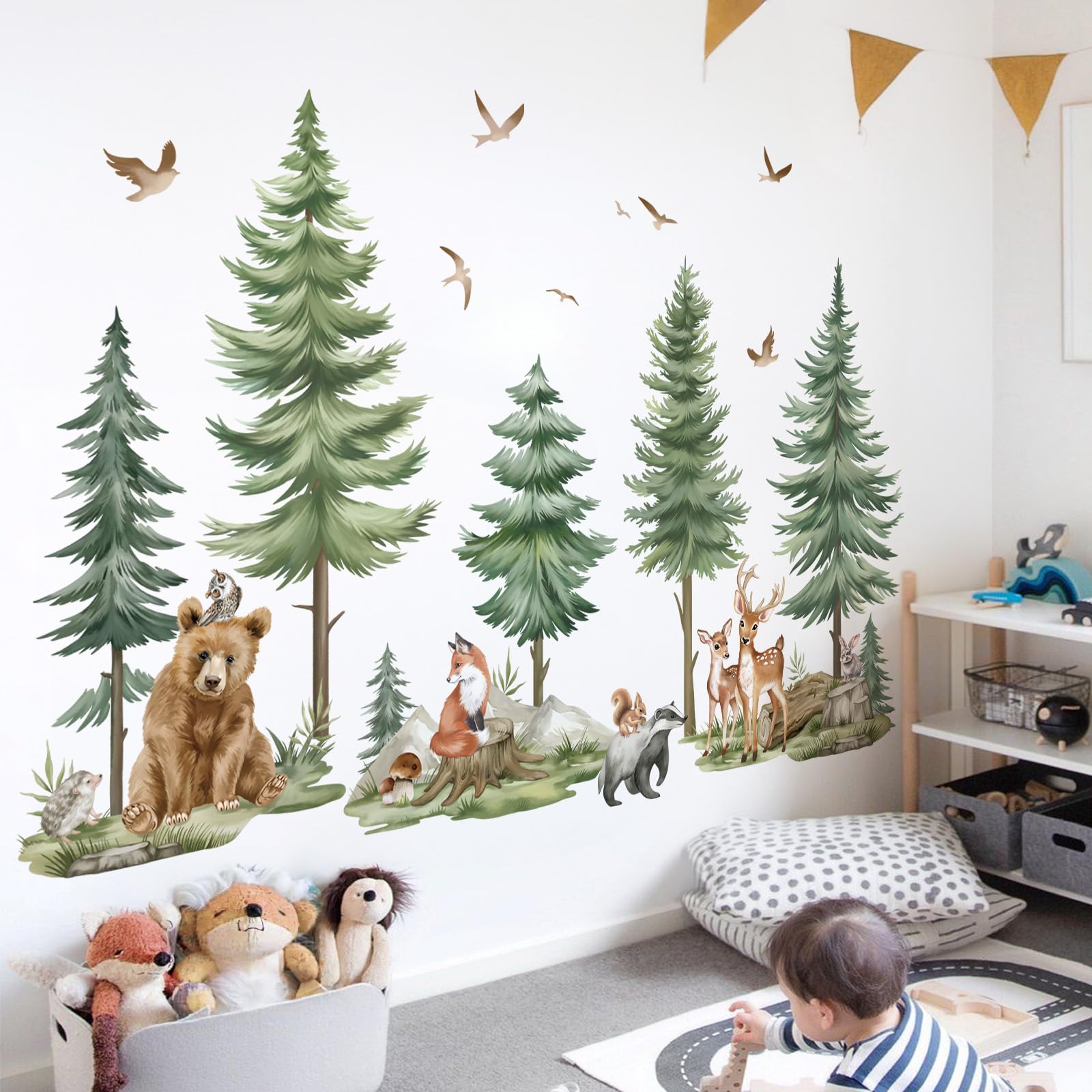 Wondever pine tree wall sticker creates a calming focal point in a child’s room