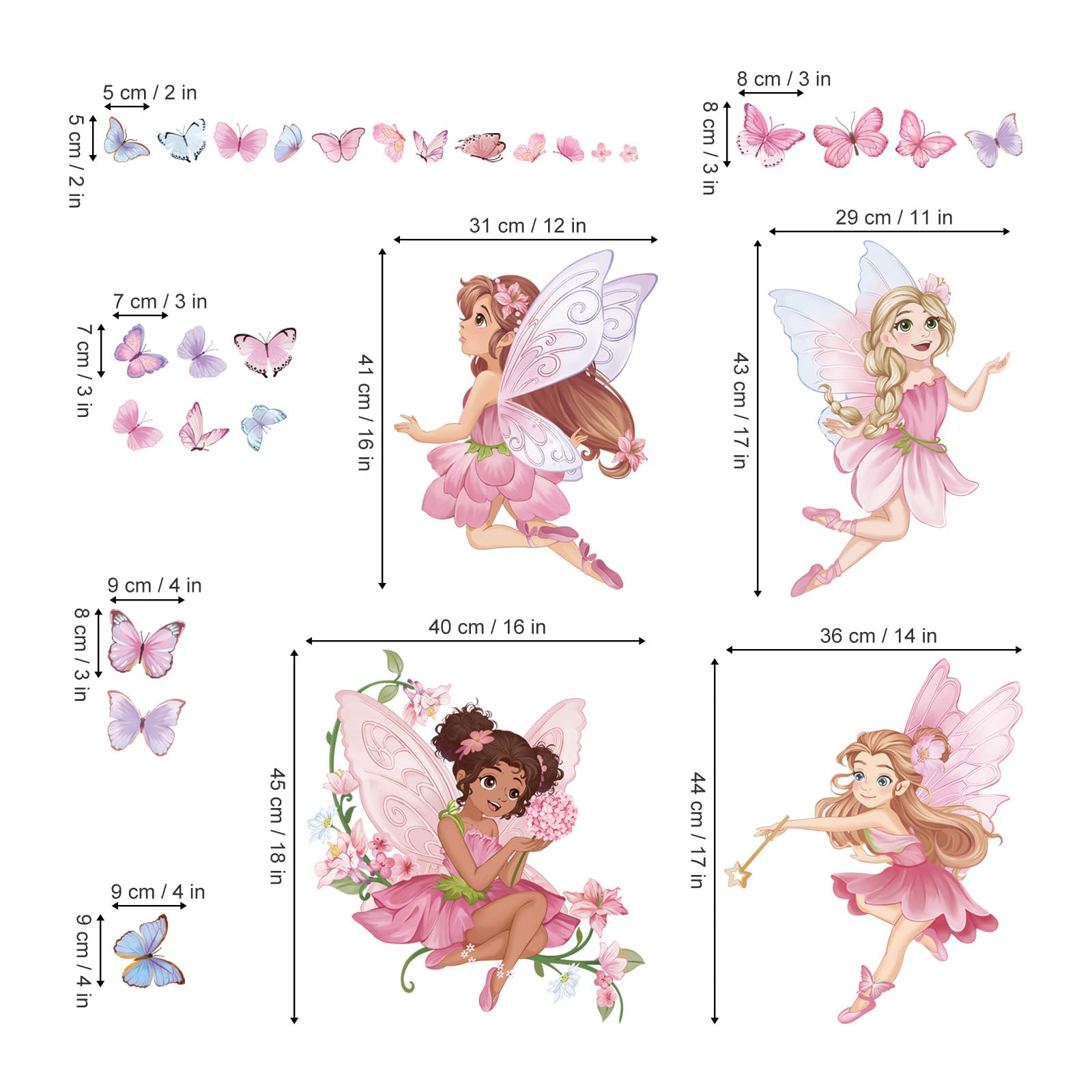 Wondever Pink Fairy elves and butterflies decals—durable, waterproof wall art for kid spaces.