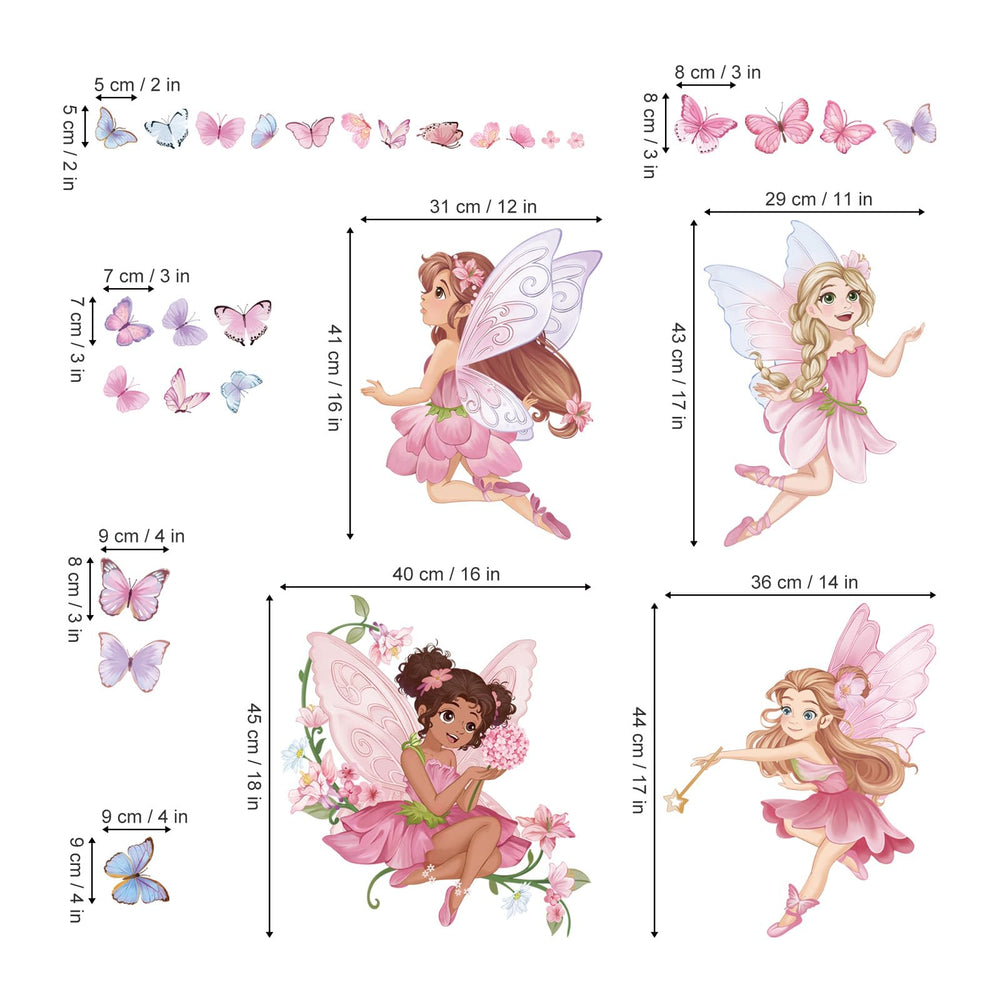 Wondever Pink Fairy elves and butterflies decals—durable, waterproof wall art for kid spaces.
