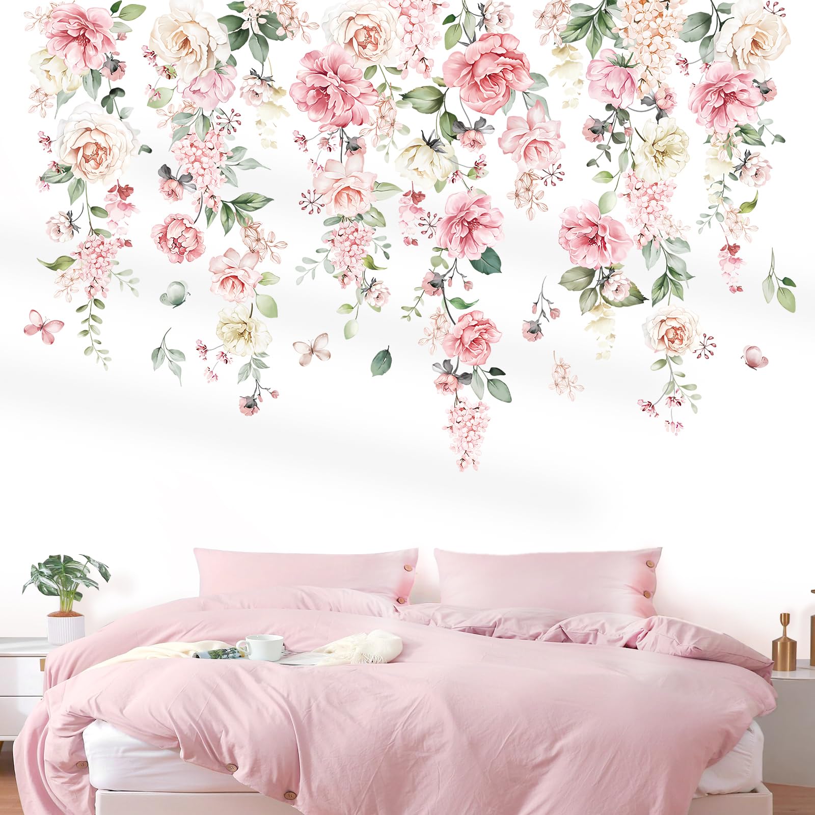 Wondever pink flowers nursery decor offers easy peel-and-stick setup.