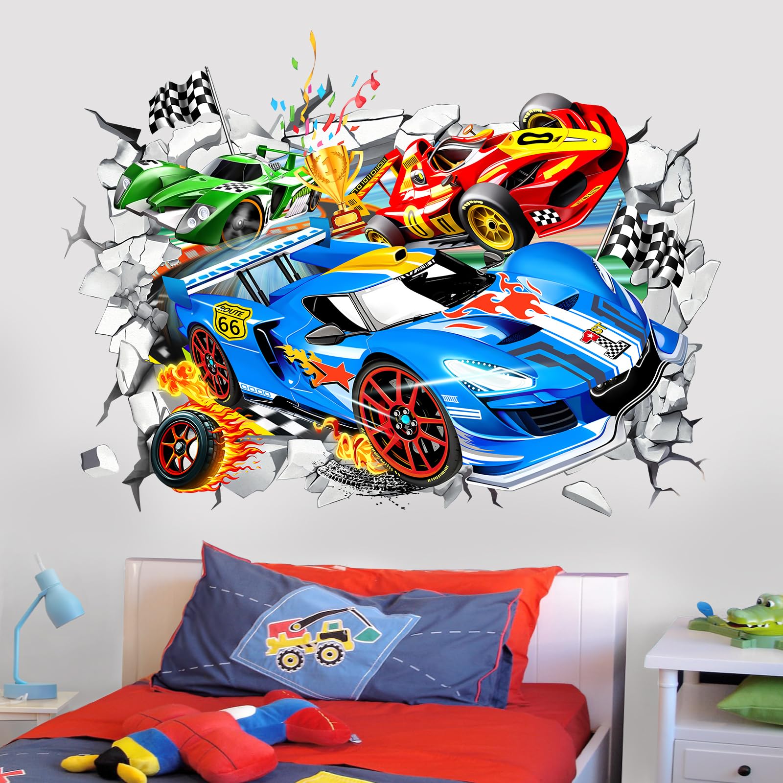 Wondever racing car wall sticker panel boosts kids' room decor with dynamic speed theme.