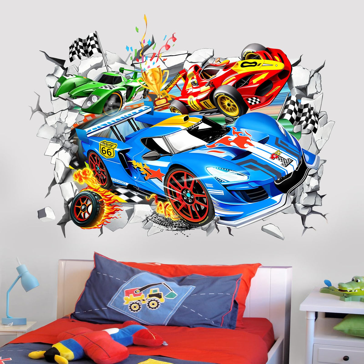 Wondever racing car wall sticker panel boosts kids' room decor with dynamic speed theme.