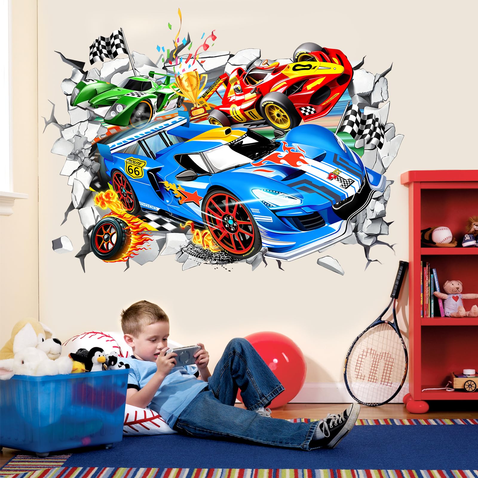 Wondever racing car wall sticker panel close up shows vibrant color and dimensional design.