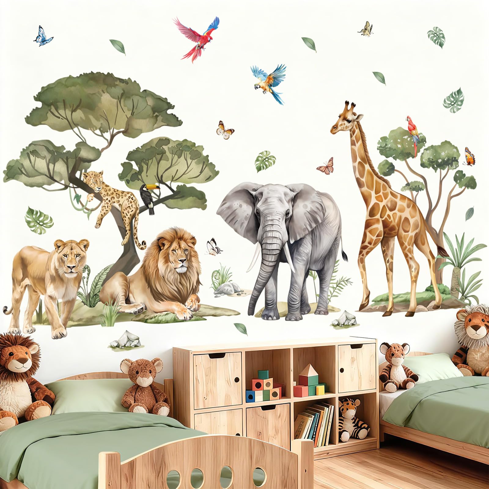 Wondever safari animals wall sticker set with elephants and lions for vibrant nursery decor.
