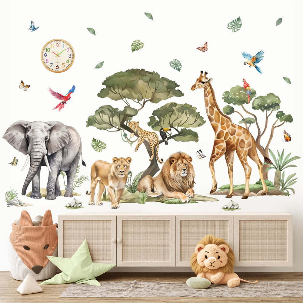 Wondever tree safari scene wall decal to create a spacious, imaginative space in living rooms.