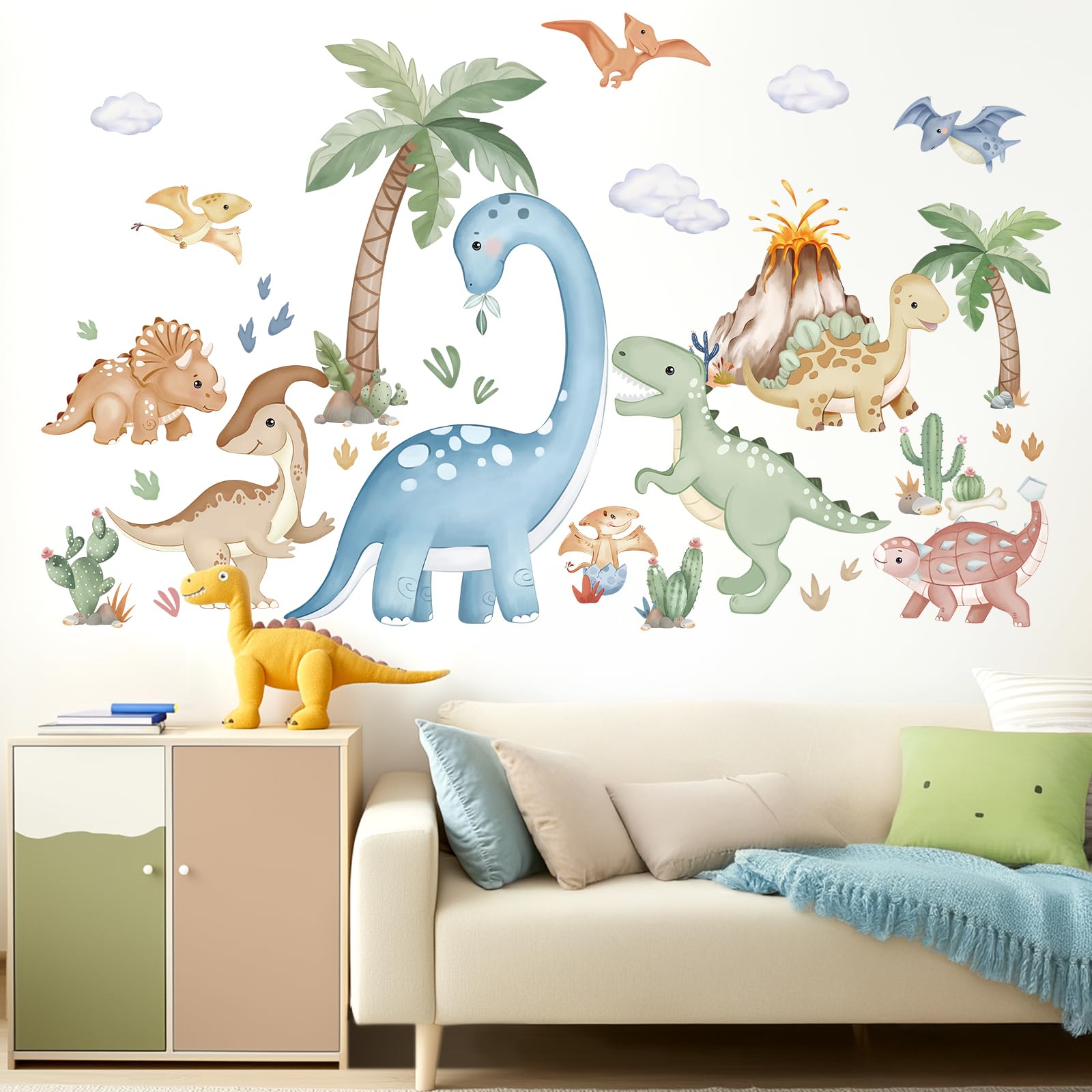 Wondever volcano and dinosaur wall decal creating a playful focal point