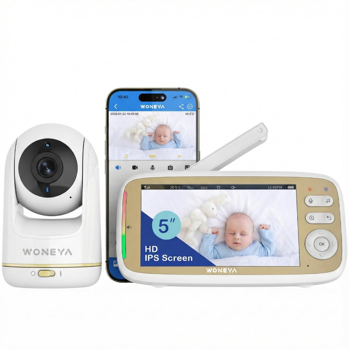 WONEYA Smart Baby Monitor with 5-inch HD screen for quick at-home viewing.