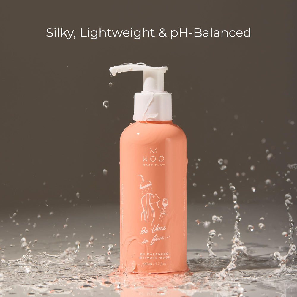 Woo More Play Be There In Five bottle back label highlights pH-balanced formula.