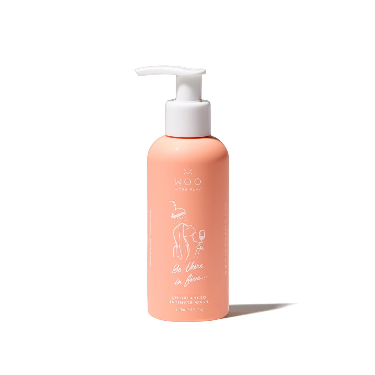 Woo More Play Be There In Five bottle front, a gentle daily feminine wash for sensitive skin.