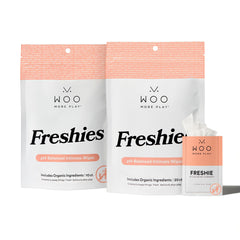 Woo More Play Freshies packet front for discreet on-the-go refreshing.