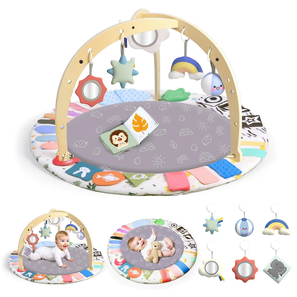 Wood City baby play gym mat setup promotes organized tummy time and early play