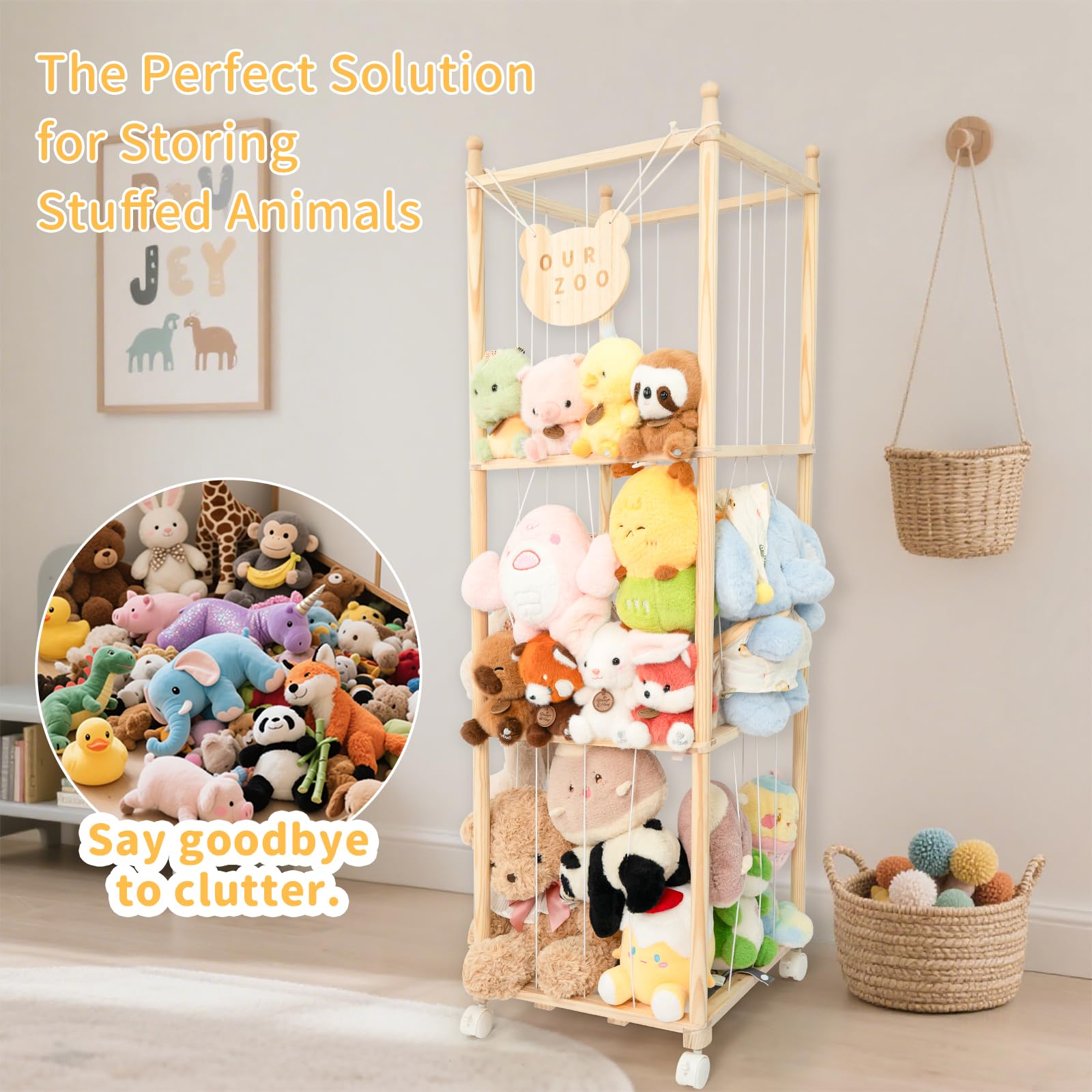 WOOD CITY display zoo keeps plush toys within easy reach.