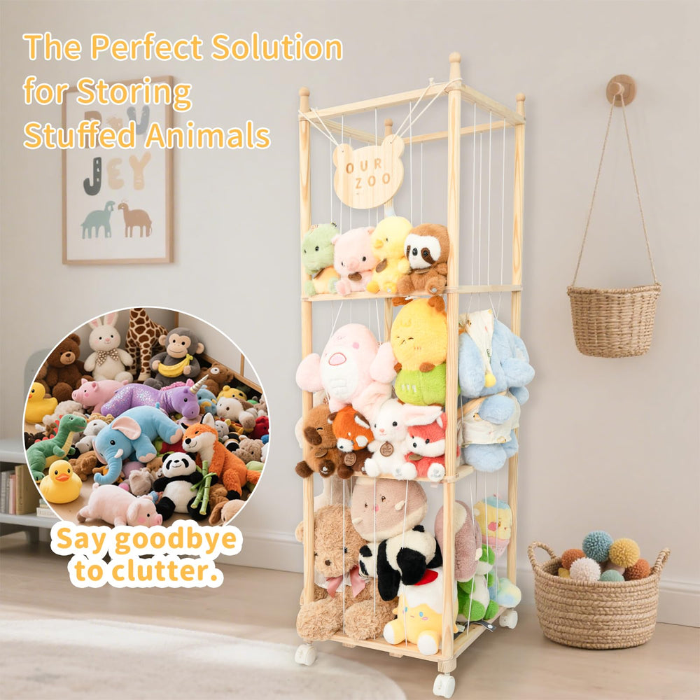 WOOD CITY display zoo keeps plush toys within easy reach.