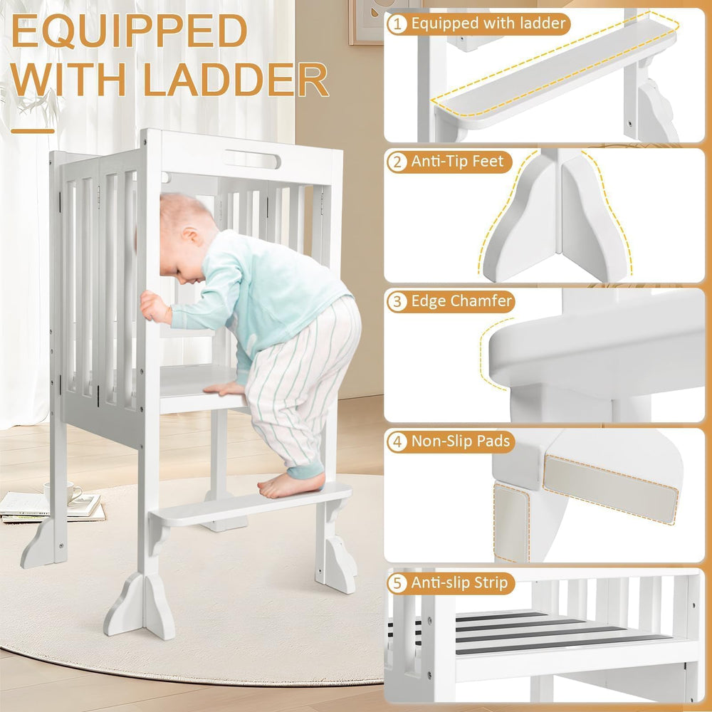 WOOD CITY foldable toddler standing tower adjustable height helps growing kids