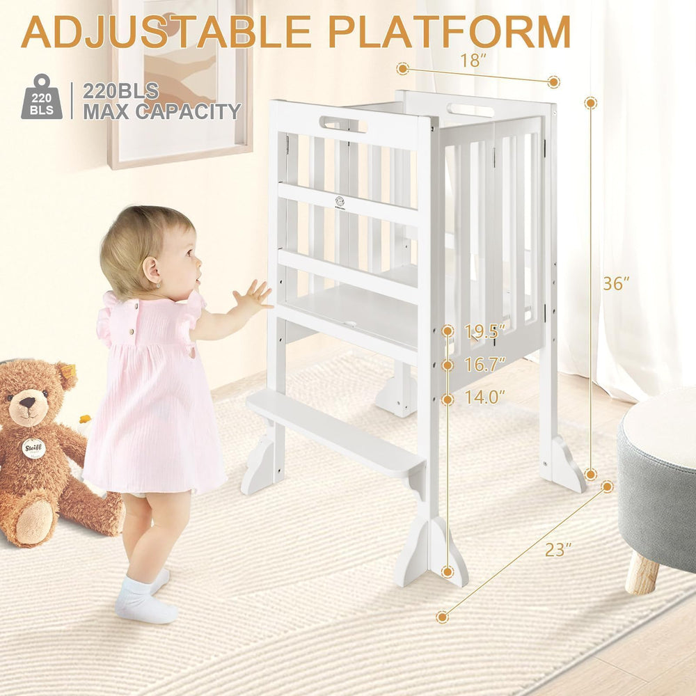 WOOD CITY foldable toddler standing tower closeup shows natural wood grain and finish
