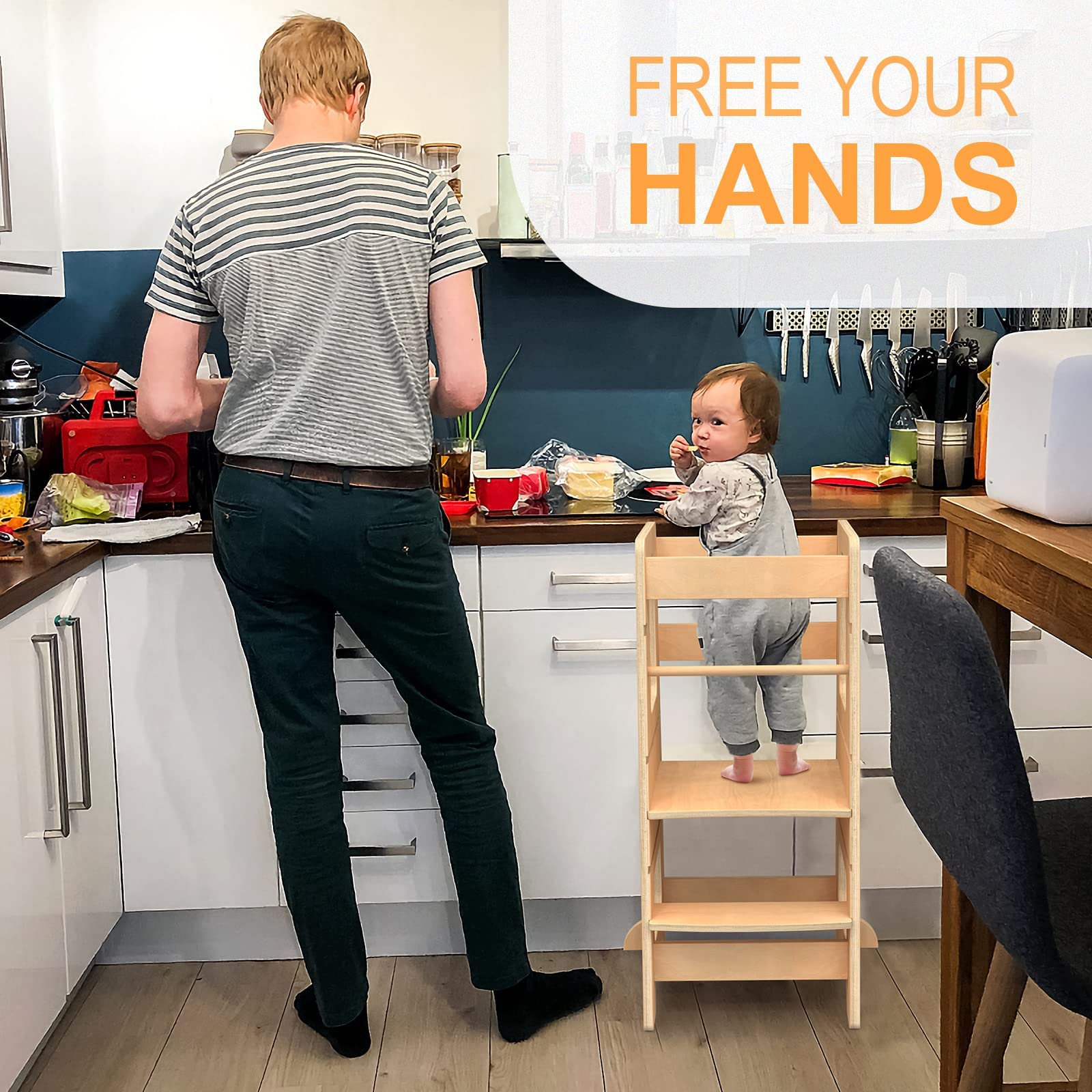 Wood City kids tower with anti-tip braces keeps little learners steady during meals.