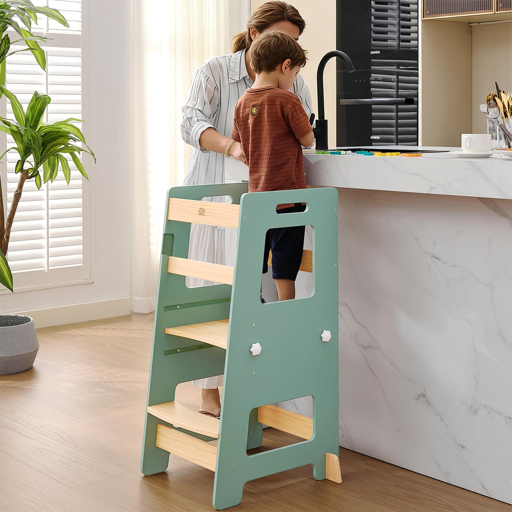 WOOD CITY adjustable platform enables growing kids to reach counters comfortably.