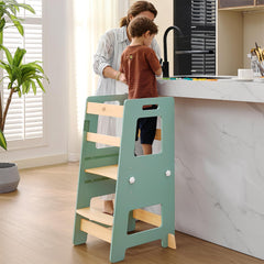 WOOD CITY adjustable platform enables growing kids to reach counters comfortably.