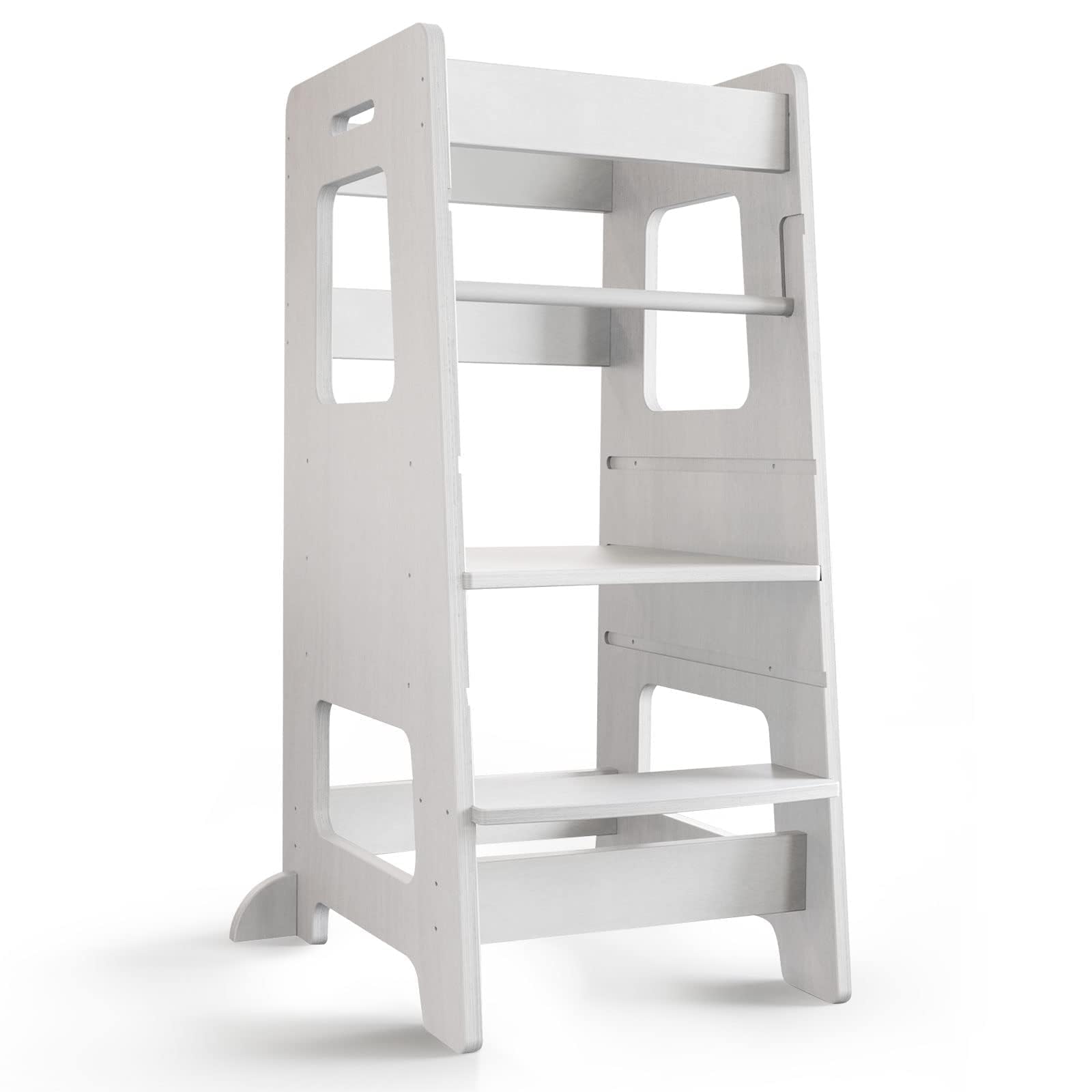Wood City kitchen step stool with safety rail keeps kids secure at the counter.