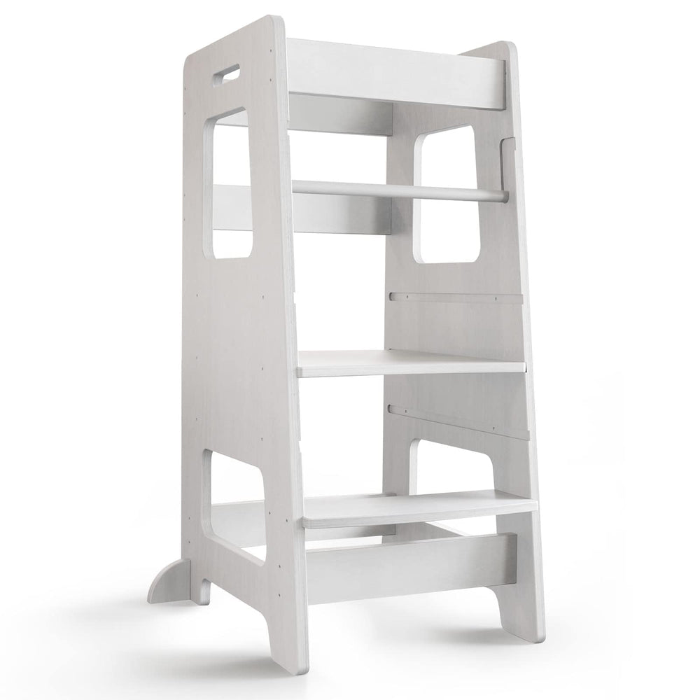 Wood City kitchen step stool with safety rail keeps kids secure at the counter.