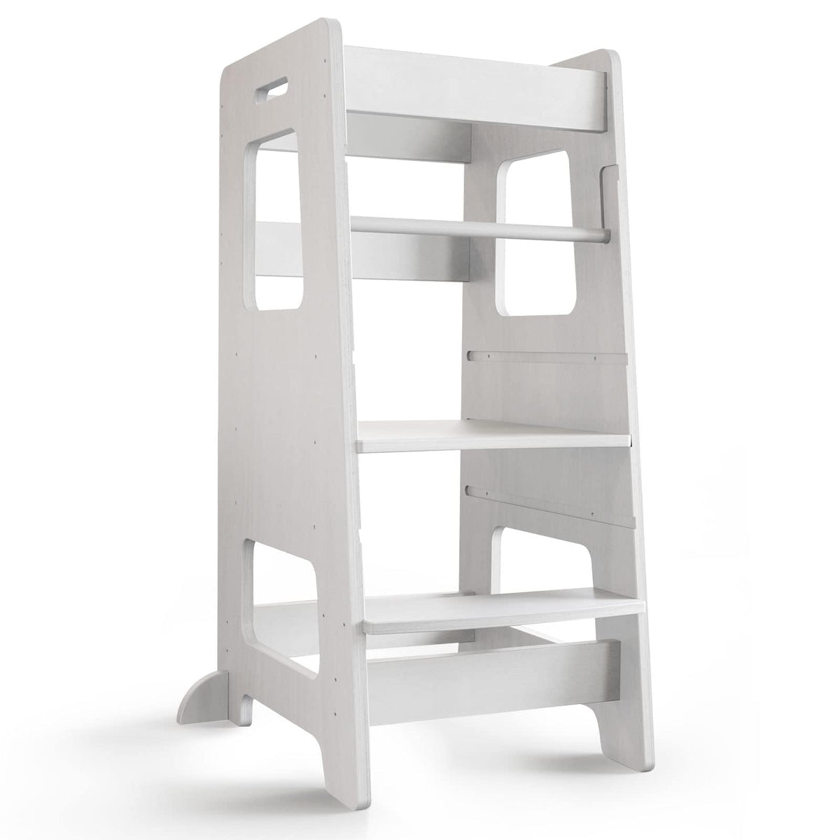 Wood City kitchen step stool with safety rail keeps kids secure at the counter.