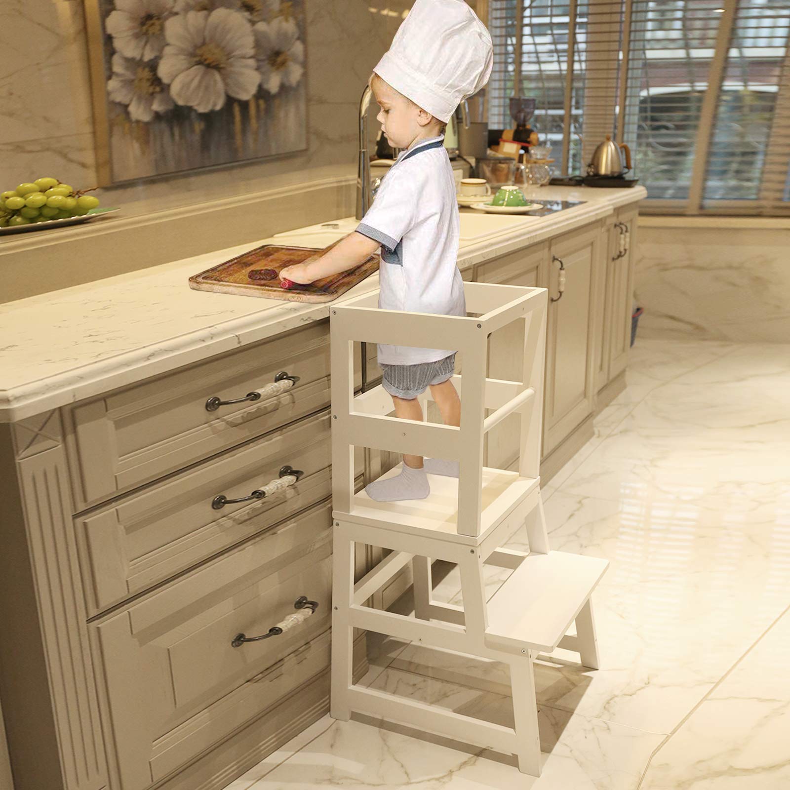 WOOD CITY kitchen step stool white front view for secure toddler counter access