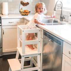 WOOD CITY white step stool side view showing sturdy four-sided rails for stability