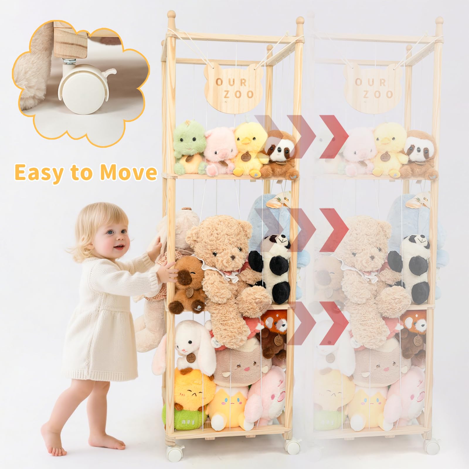 WOOD CITY tall wooden tower for plush toys maximizing vertical space.