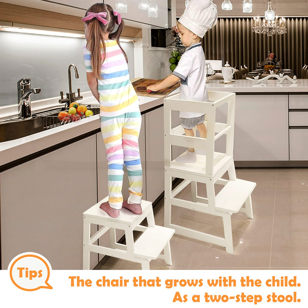 WOOD CITY toddler standing at counter using stool for independence and help