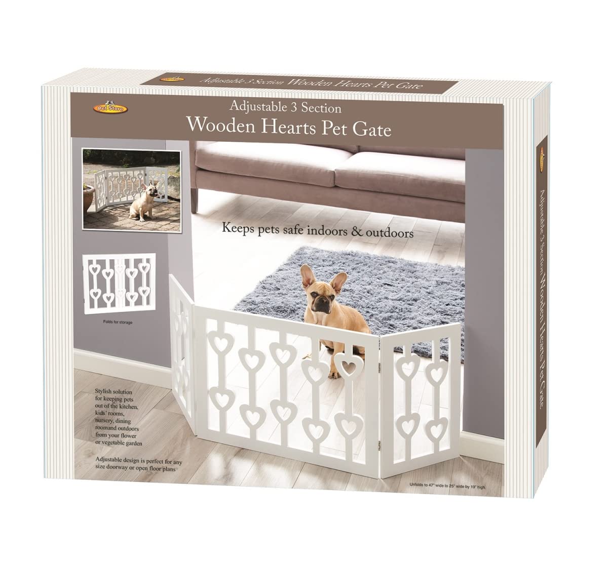 Wood Heart pet gate shown indoors or outdoors, foldable 3-section design for flexible containment.