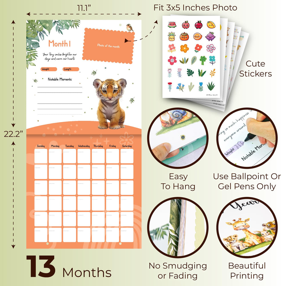 Woodamore Baby Calendar 13-month book open pages for documenting the first year