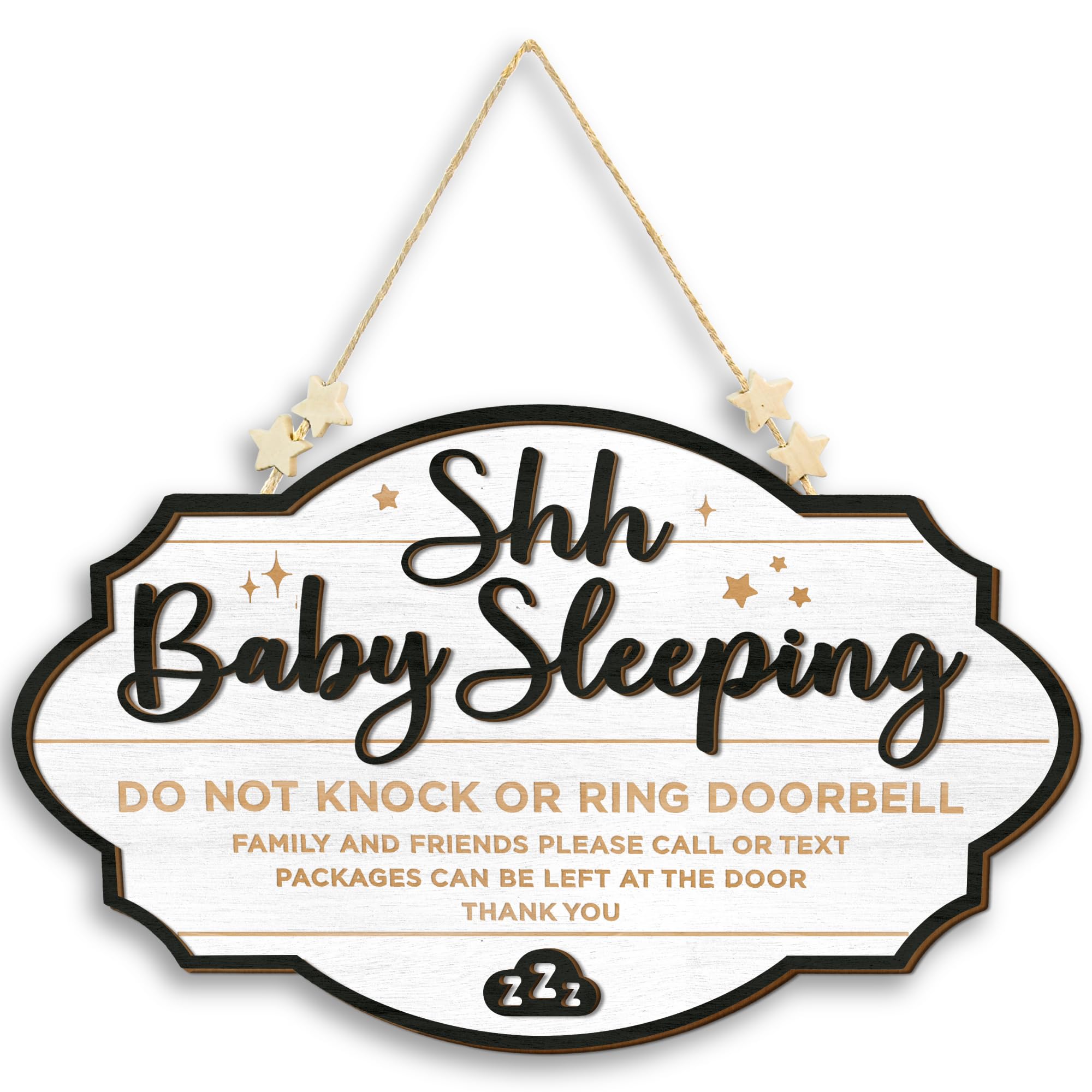 Woodamore Shhh Baby Sleeping Sign on front door with rope hanger for easy display.
