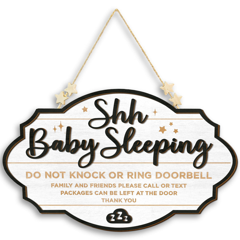 Woodamore Shhh Baby Sleeping Sign on front door with rope hanger for easy display.