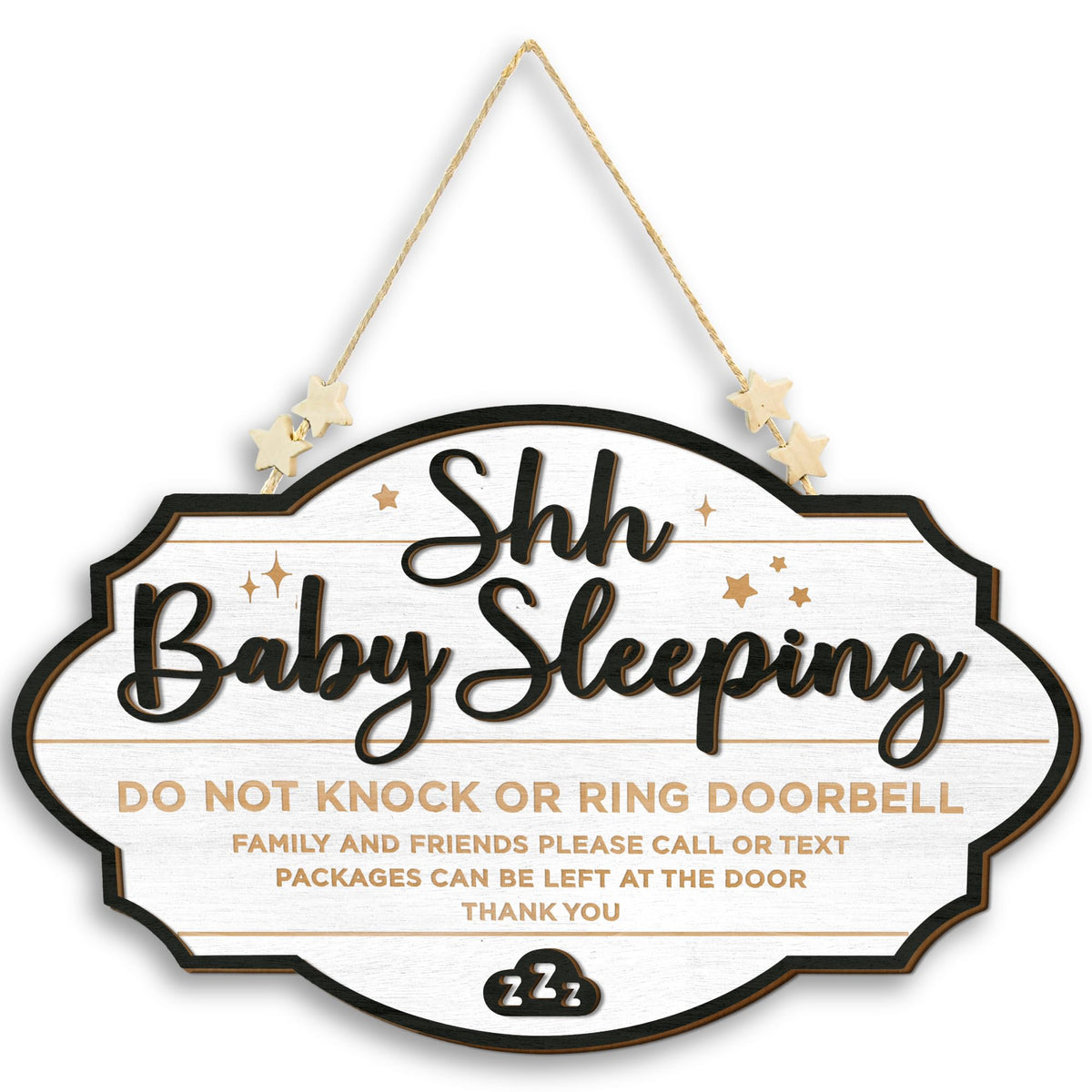 Woodamore Shhh Baby Sleeping Sign on front door with rope hanger for easy display.
