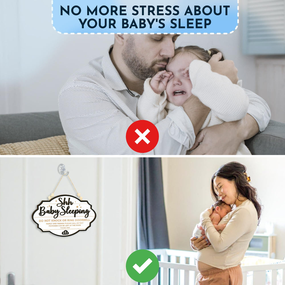 Woodamore Shhh Baby Sleeping Sign illustrating no knocking message for a peaceful home.