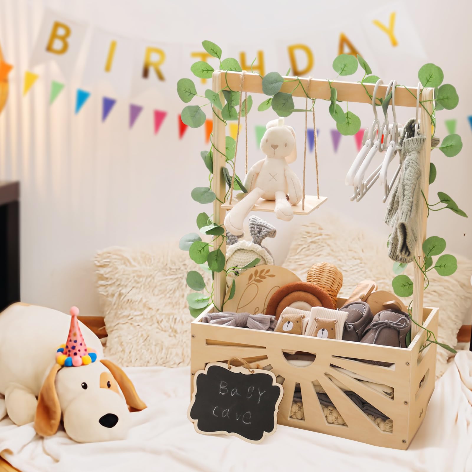 WOODEN TEETHER eucalyptus leaves decor adds natural nursery styling.