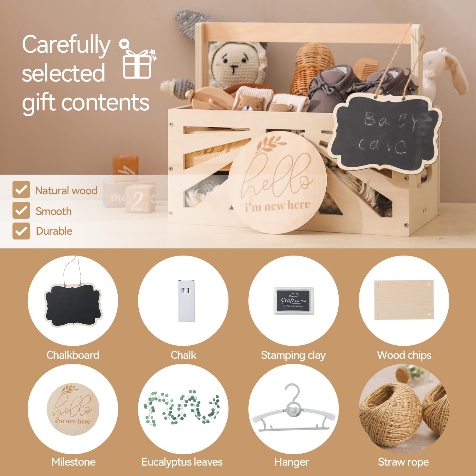 WOODEN TEETHER hanging rack and hangers for stylish display and extra storage.