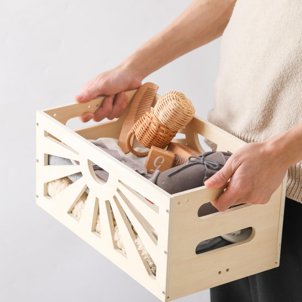 Wooden Teether hollow patterned sides add visual appeal to nursery storage
