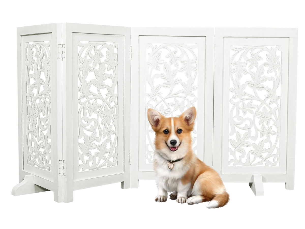 Woodify dog gate with Lucy design adds decorative charm while containing pets.