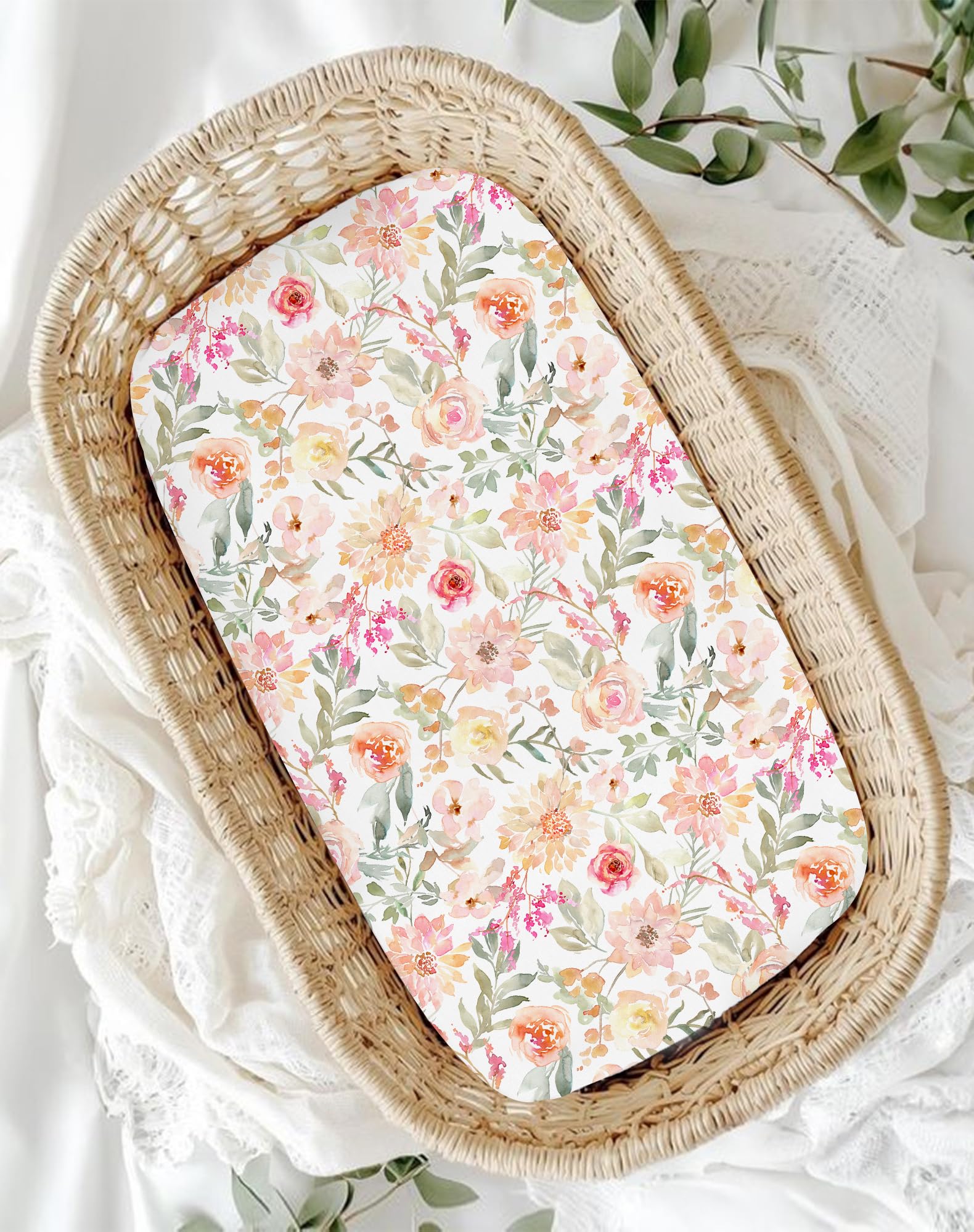 Neutral blush bunny color details on Woodiville bassinet sheets for versatile decor