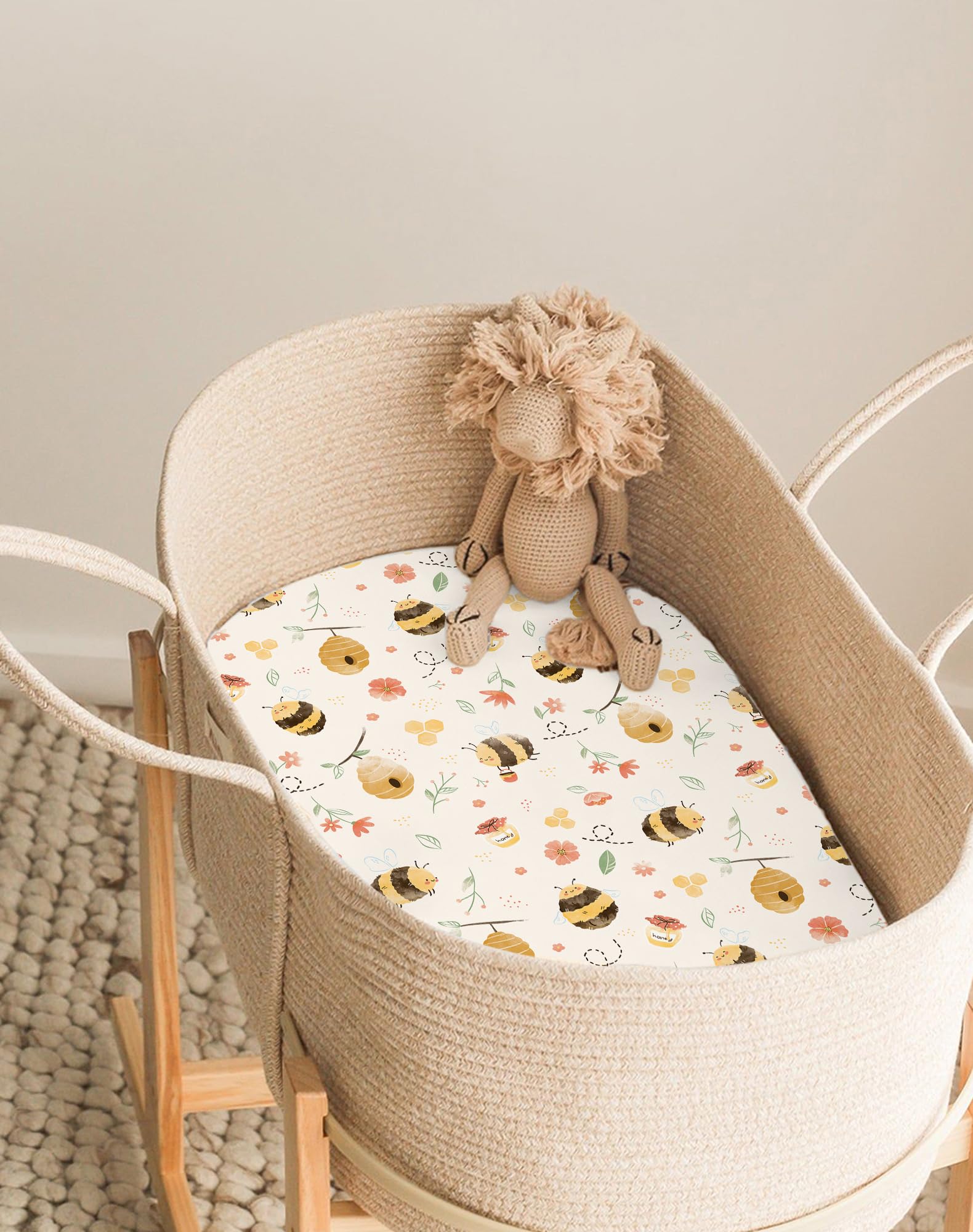 Woodiville Bassinet Sheets Honeybee Dreams colorful pattern hides stains well