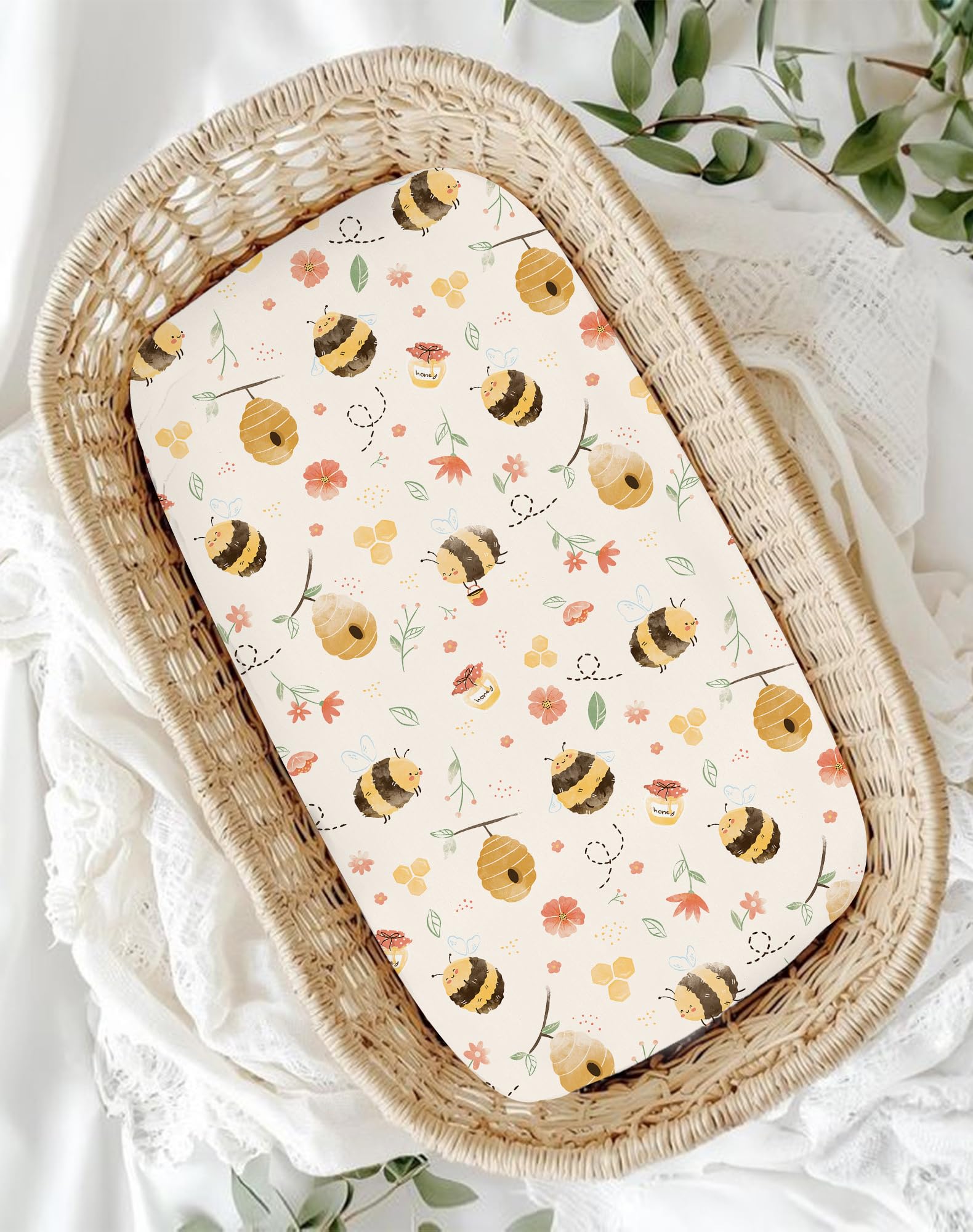 Woodiville Bassinet Sheets Honeybee Dreams machine-washable and quick-dry design