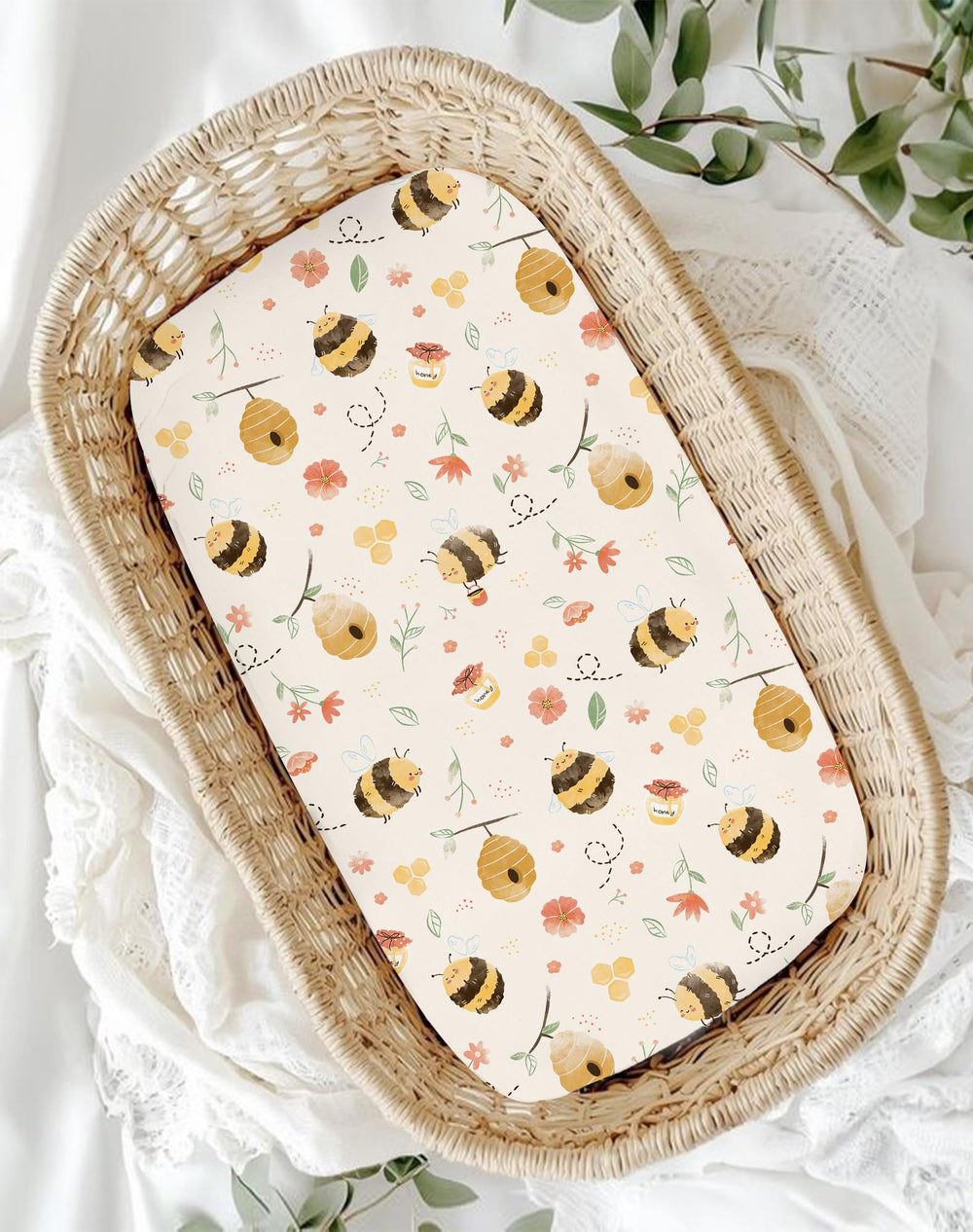 Woodiville Bassinet Sheets Honeybee Dreams machine-washable and quick-dry design