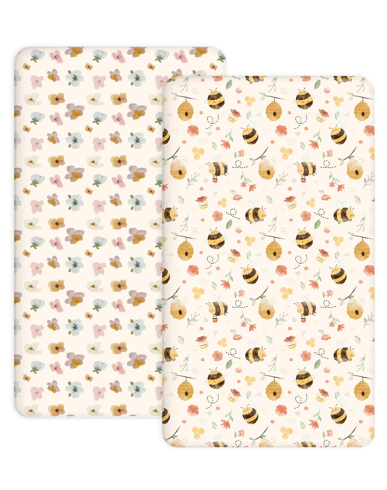 Woodiville Bee Happy crib sheet closeup shows soft breathable jersey knit.